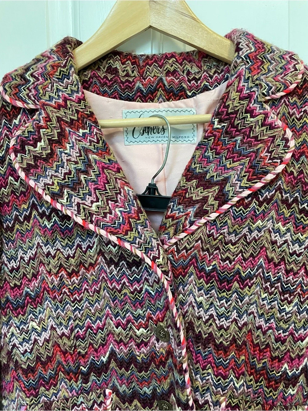 Vintage 1960s Pink Multicolor Flame Chevron Tweed Skirt Suit Set